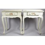 A Pair of Painted Side Tables with Rose Decoration to Single Drawers and Top, on Extended Cabriole