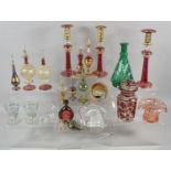 A Collection of Continental Coloured Glass, Perfume Bottles, Candle Sticks, Paperweights etc