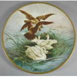 A Large Victorian Wall Hanging Ceramic Plaque, Hand Painted with Eagles Attacking Swans, Signed J
