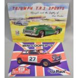 Two Reproduction Printed Metal Advertising Signs for Mini Cooper S and Triumph TR 3 Sports,