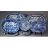 A Collection of Various Blue and White Transfer Printed Meat Plates Etc to include Examples By Spode