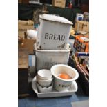 Two Enamelled Bread Bins, Glazed Cream Bowl, Jelly Moulds etc