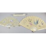 Two Vintage Painted and Lace Mounted Fans, One with Original Box and Mother of Pearl Canes