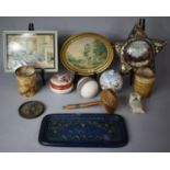 A Tray of Curios to Include Turned Alabaster Beakers, Seashell Diorama, Framed Prints, Tray etc