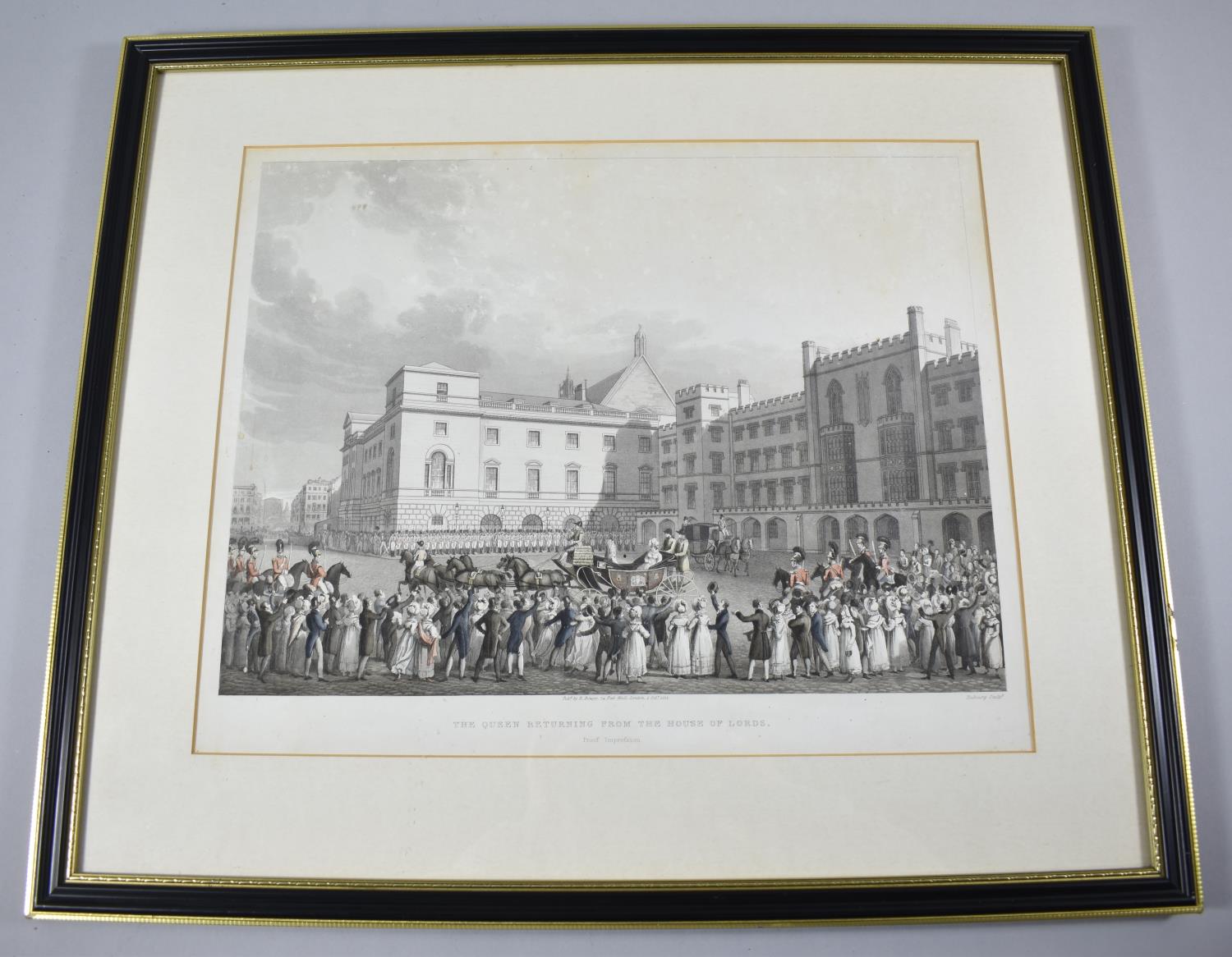 A Framed Coloured Engraving, The Queen Returning form the House of Lords, 36cm wide