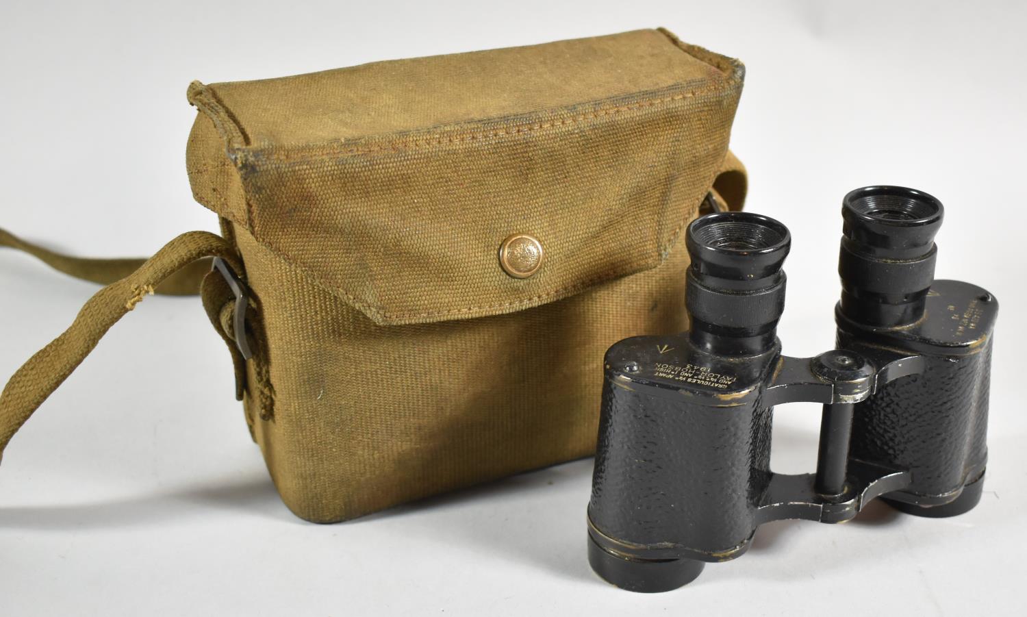 A Pair of WWII Taylor-Hobson Binoculars in Canvas Carrying Case, Stamped with War Department Arrow