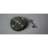 A Silver and Turquoise Style Cabochon Stone Pill Box Containing White Metal Key Charm