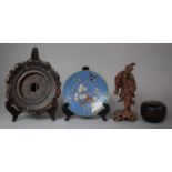 A Collection of Oriental Items to Include Caved Wooden Fisherman, Cloisonne Dish, Lacquered Pot etc