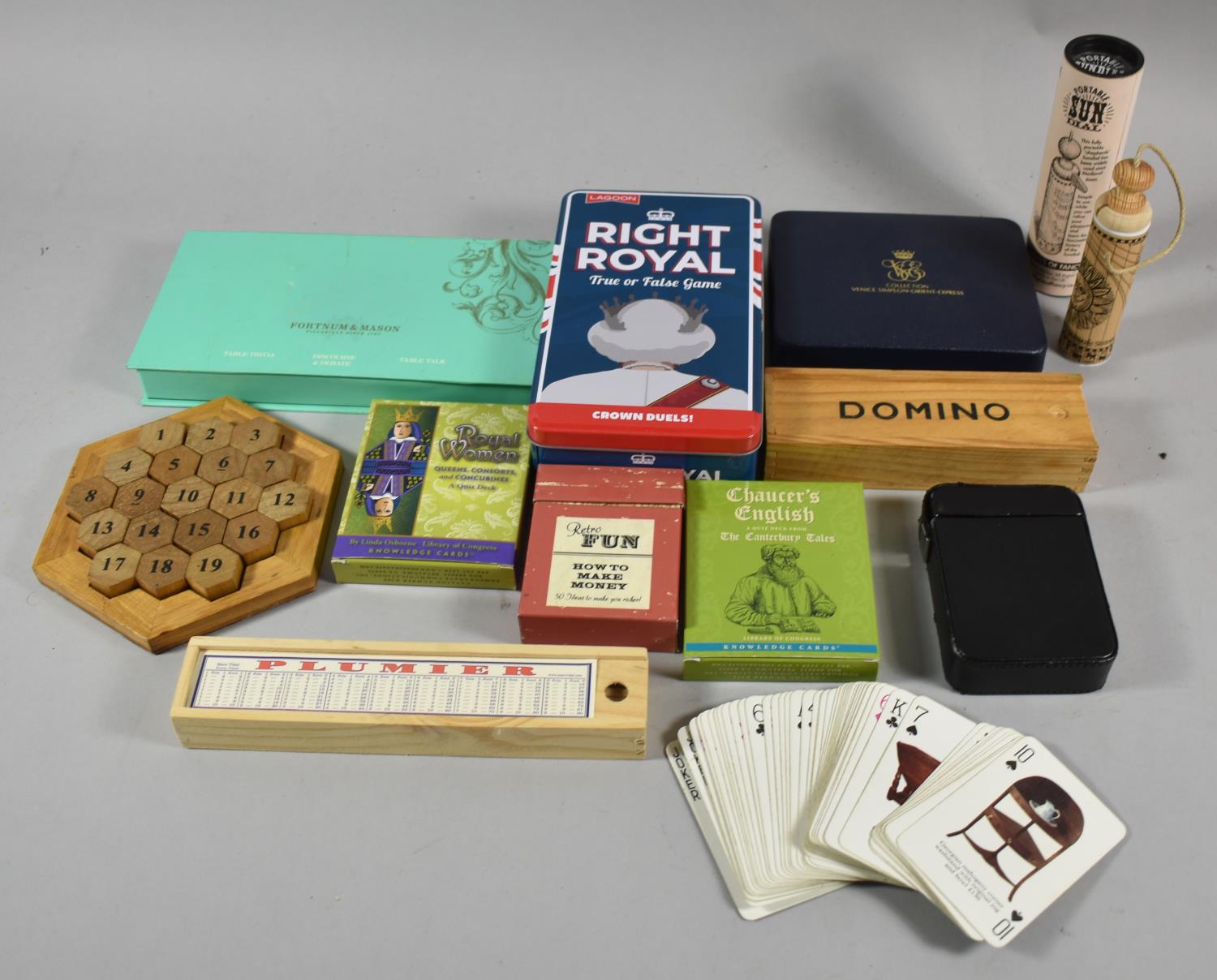 A Collection of Various Playing Card Games, Dominoes, Pencil Case, Portable Sundial Etc