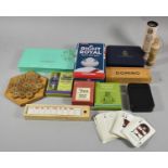 A Collection of Various Playing Card Games, Dominoes, Pencil Case, Portable Sundial Etc