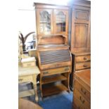 An Edwardian Walnut Cylinder Bureau with Glazed Top Section, Centre Display, Central Drawer and