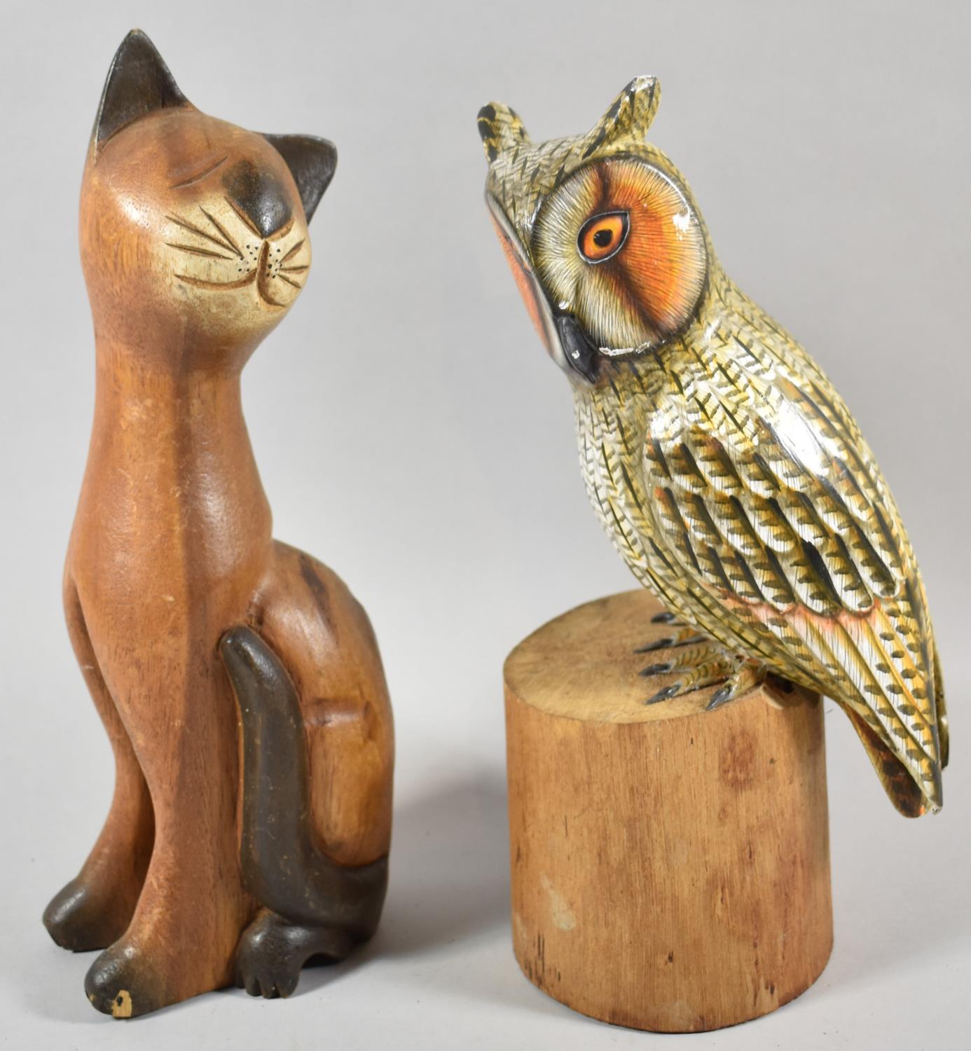 Two Carved Wooden Studies of Long Eared Owl and Seated Cat, Each 31cm high