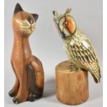Two Carved Wooden Studies of Long Eared Owl and Seated Cat, Each 31cm high