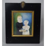 A Framed 19th Century Miniature Depicting Boy and Girl with Basket of Fruit