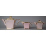 A Pink and Gilt Sadlers Three Piece Teaset comprising Teapot, Milk and Lidded Sugar
