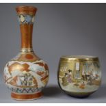 A Japanese Katai Bottle Vase and Satsuma Squat Example Both Decorated with Applied Enamels Depicting