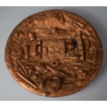 A Folk Art Circular Wall Hanging Memory Plate with Applied Found Objects to Include Padlock,