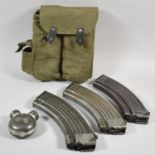 An AK47 Machine Gun Magazine with Oil Can in Canvas Pouch, 34cm high