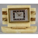 A French Art Deco Alarm Clock with Banded Decoration, Plinth Base 21.5cm wide