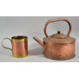 A Vintage Copper Kettle and a Brass Mounted Copper Tankard