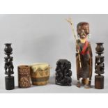 A Collection of Various Carved Wooden Tribal Souvenirs to Include Pair of Candlesticks, Seated