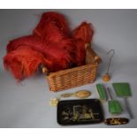 A Peacock Feather Fan, French Chinoiserie Lacquered Tray, Enamelled Part Dressing Table Set,