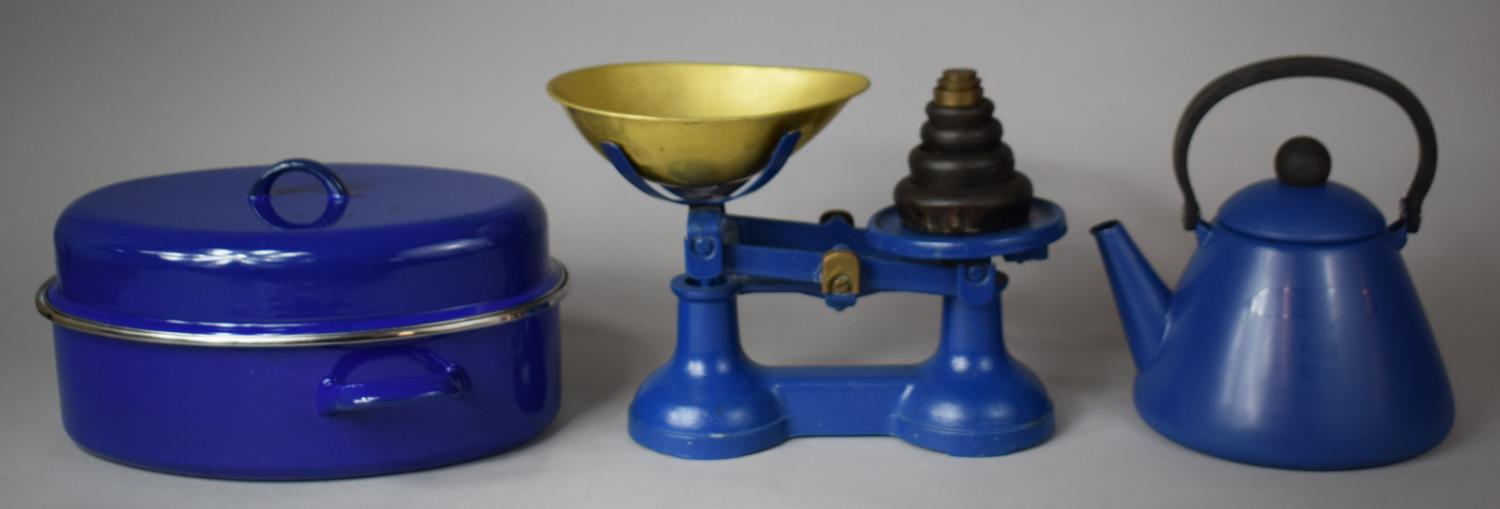 A Set of Blue Painted Scales with Graduated Weights, Kettle and Judge Enamelled Oval Pan together