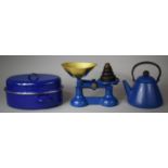 A Set of Blue Painted Scales with Graduated Weights, Kettle and Judge Enamelled Oval Pan together