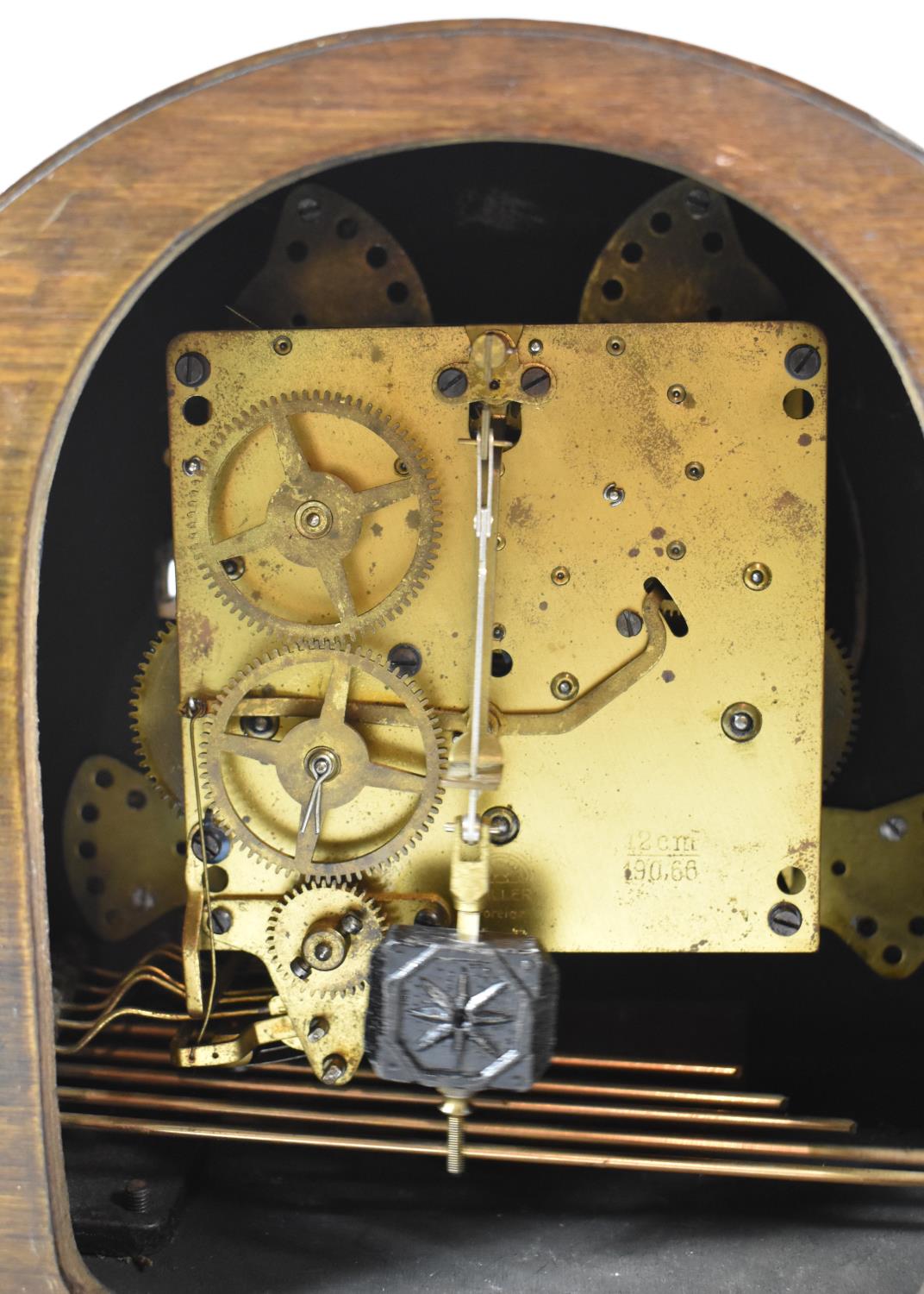 A Mid 20th Century Oak Westminster Chime Mantle Clock with Key and Pendulum - Image 2 of 2