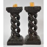 A Pair of Carved Wooden Open Spiral Candlesticks, 20cm high
