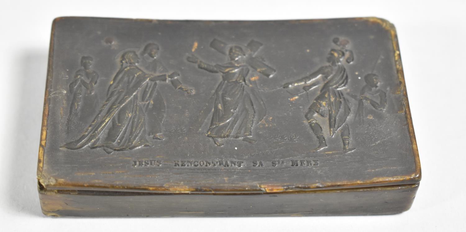 An Early French Horn Snuff Box, the Hinged Lid Decorated in relief with the Fourth Station of the