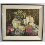 A Framed Tapestry, Still Life Flowers and Wine, 52cm wide