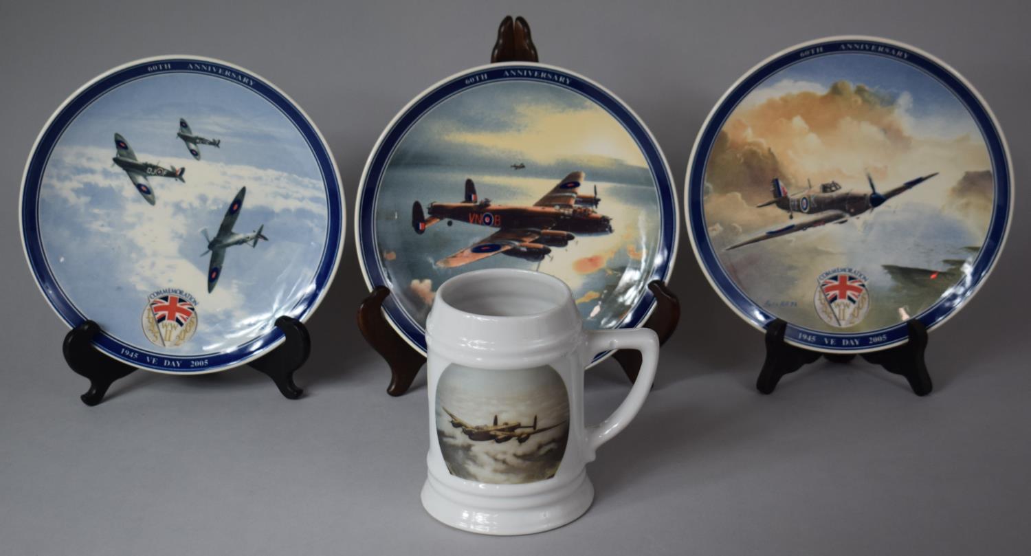 A Collection of Three Wedgwood Commemorative VE Day Plates and an Harbourside Poole Lancaster