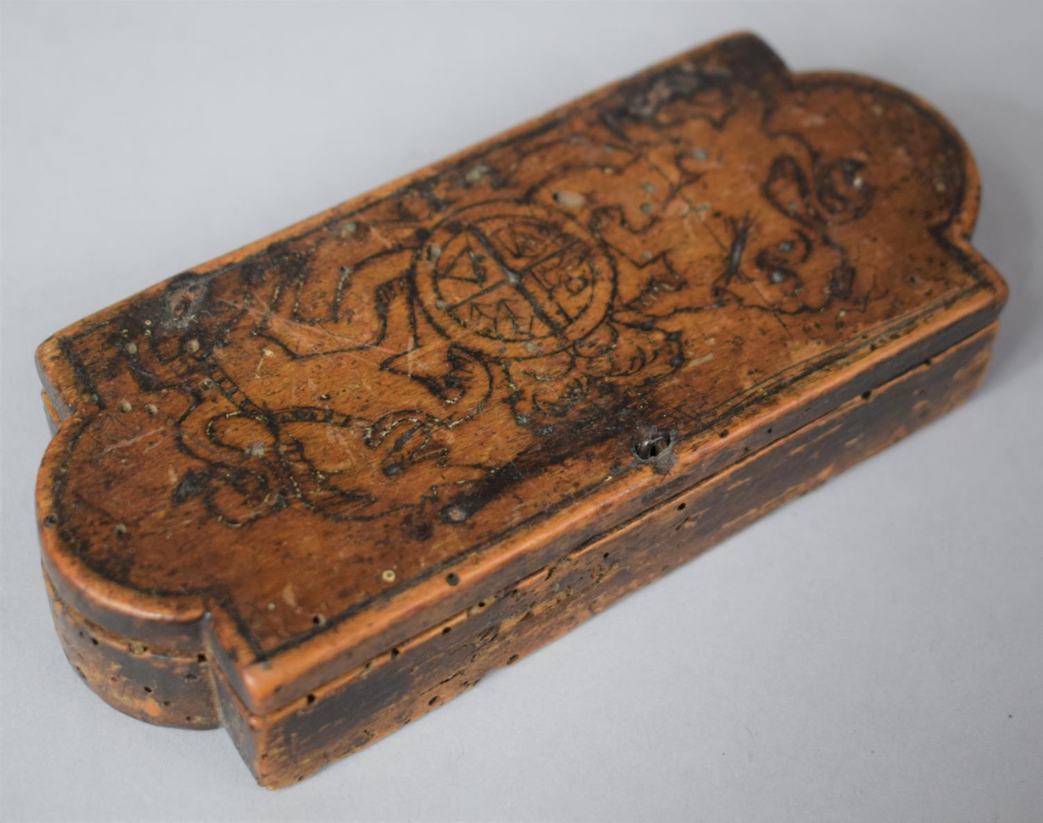 An Early Wooden Box Having Hand Drawn Royal Coat of Arms to Hinged Lid, Has Been Wormed, 13cm wide