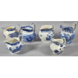 A Collection of Six Various Blue and White Cream Jugs Transfer Printed