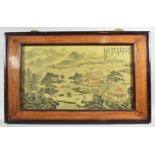 A Framed Oriental Porcelain Panel Depicting Estuary Landscape with Mountains, Boats, Houses and