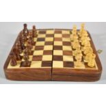 A Modern Inlaid Wooden Travelling Chess Set, 18cm Square