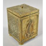 An Edwardian Brass Rectangular Tea Caddy Decorated with Islamic Panels and Fishing Barge, 16cm high