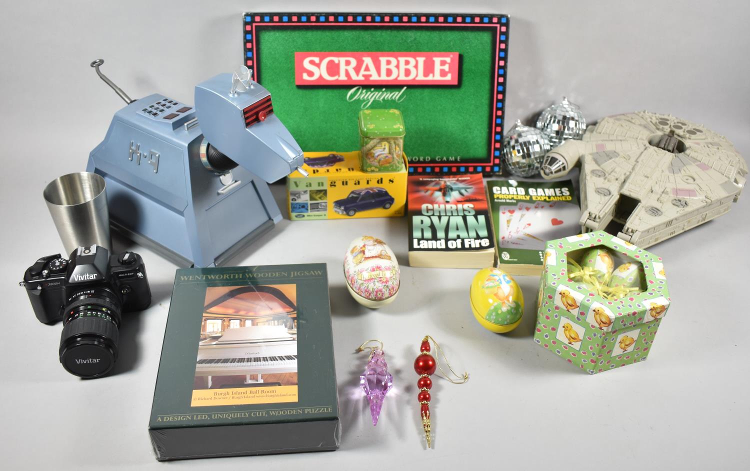 A Collection of Vintage Toys to Include Star Wars, Doctor Who, Scrabble, 35mm Camera etc