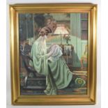 A Modern Oil on Canvas in Gilt Frame Depicting Seated Maiden with Embroidery, 49cm wide