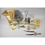 A Tray of Various Decorative Items to Include Fairy Lamp, Pillar Clock, Pewter Pot, Gilt Ornaments