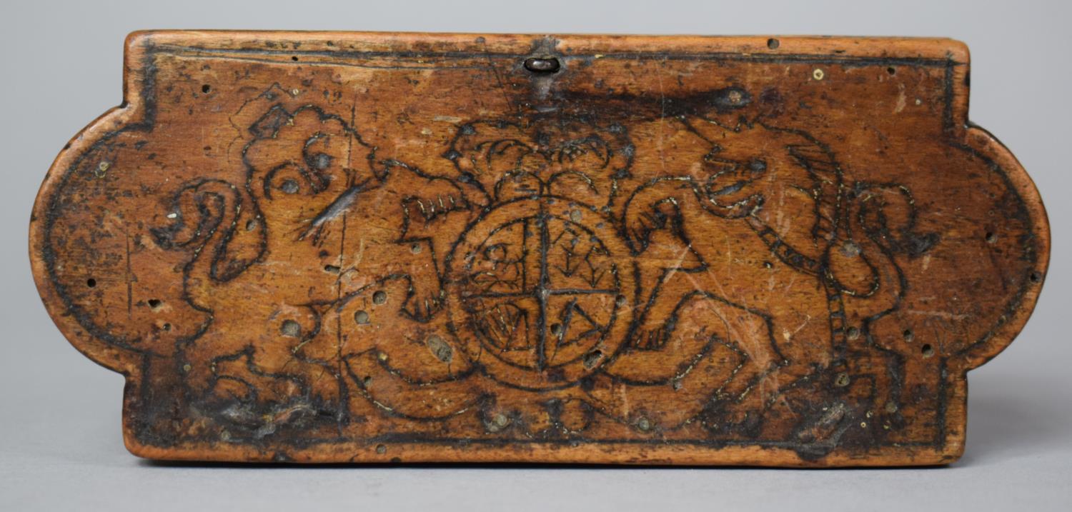 An Early Wooden Box Having Hand Drawn Royal Coat of Arms to Hinged Lid, Has Been Wormed, 13cm wide - Image 2 of 3