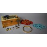 A Decorated Wooden Box Containing Collection of Costume Jewellery Together with Various Items of