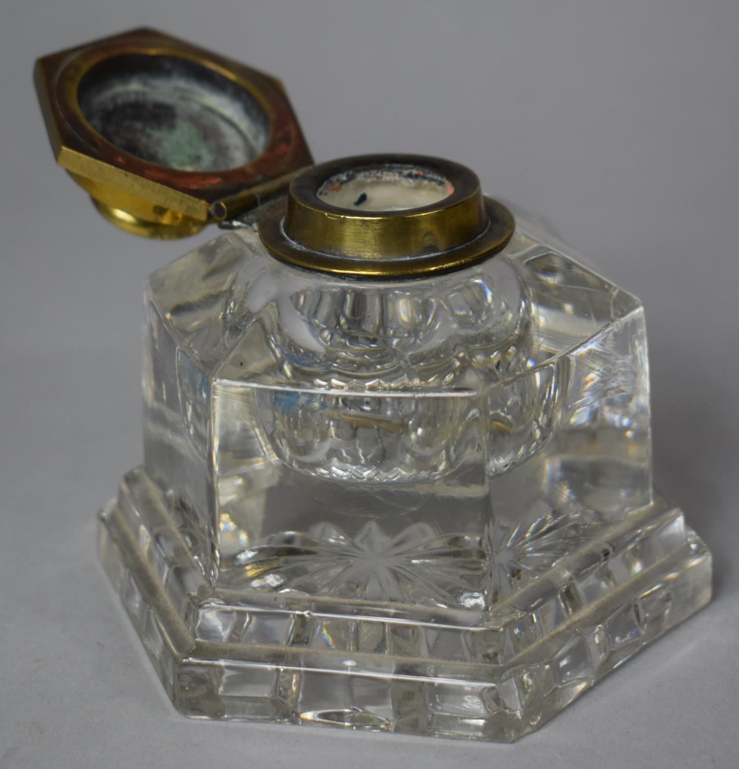 A Brass Mounted Hexagonal Glass Desktop Inkwell, 9.5cm high - Image 2 of 2