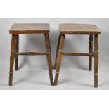A Pair of Vintage Rectangular Stools on Turned Supports