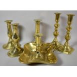 Two Pairs of Brass Candlesticks, a Bed Chamber Stick and a Single Brass Candlestick, Tallest 19.