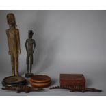 A Collection of Carved Wooden Tribal and Souvenir Ornaments, Two Oriental Stands and a Wooden