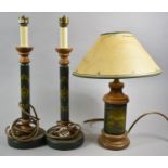 A Pair of Turned Wooden Table Lamps and a Single Example Decorated with Sailing Ship