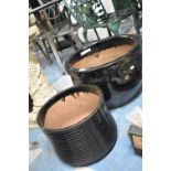 Two Black Glazed Terracotta Patio Plant Pots, 52cm and 37cm Diameter