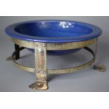 A Silver Plate on Copper Arts and Crafts Dog Bowl with Ceramics Powder Blue Glazed Liner, 25cm